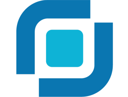Abstract geometric logo with a central turquoise square surrounded by four curved blue shapes forming a square frame.