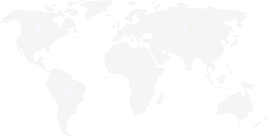 World map with five purple nodes connected by glowing lines, representing global network connections across North America, South America, Africa, Europe, and Australia.
