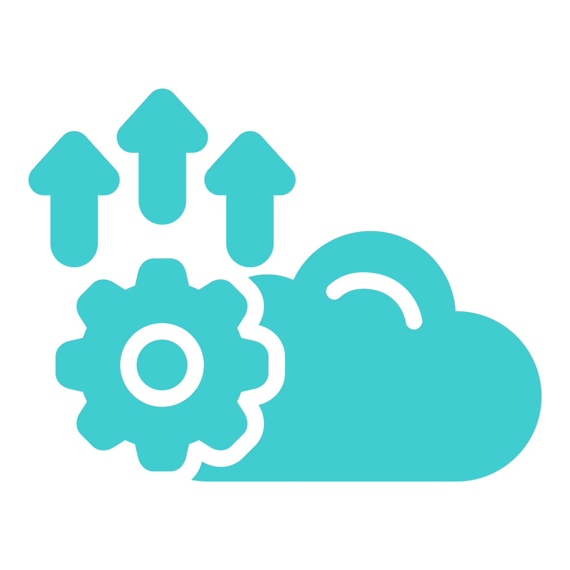 Cloud with gear and three upward arrows symbolizing cloud computing and system upgrade.