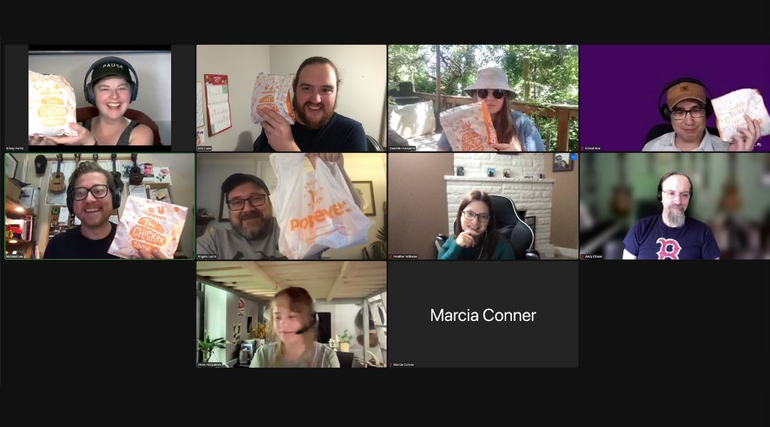 A video call grid with nine participants, several holding Popeyes chicken sandwiches or bags, and one showing only a name 'Marcia Conner'.